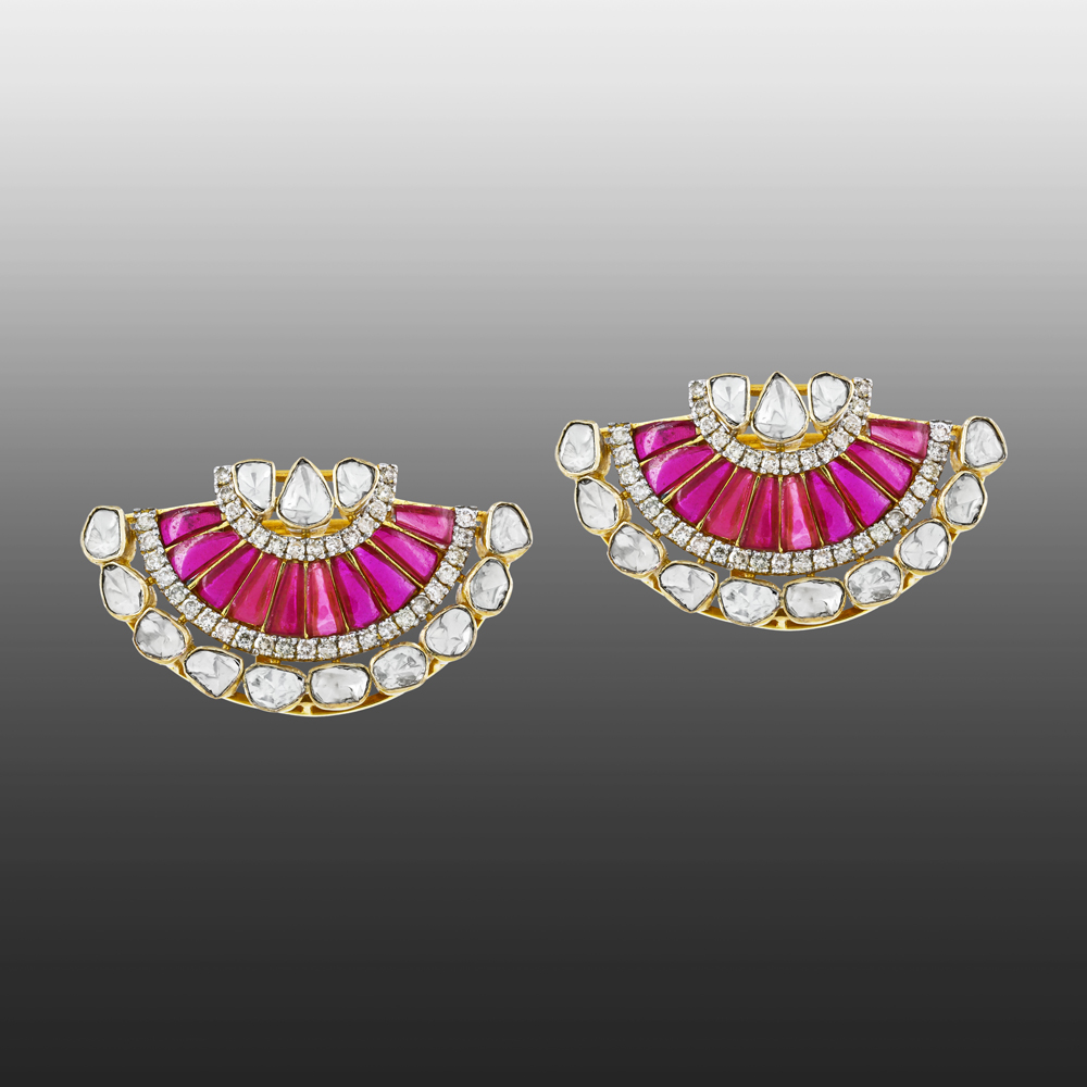 Fan-Shaped Polki Earrings with Red Talaf and Diamonds